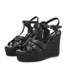 Peep Toe Hemb Rope Platforms Ankle Buckle T Straps Ostrich Texture Summer Wedges Sandals - Black Leather