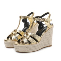 Peep Toe Hemb Rope Platforms Ankle Buckle T Straps Ostrich Texture Summer Wedges Sandals - Gold Leather