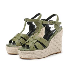 Peep Toe Hemb Rope Platforms Ankle Buckle T Straps Ostrich Texture Summer Wedges Sandals - Light Green Leather
