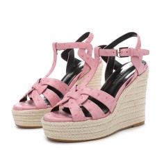Peep Toe Hemb Rope Platforms Ankle Buckle T Straps Ostrich Texture Summer Wedges Sandals - Pink Leather