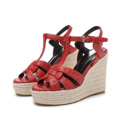 Peep Toe Hemb Rope Platforms Ankle Buckle T Straps Ostrich Texture Summer Wedges Sandals - Red Leather