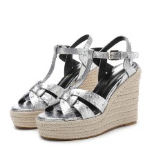 Peep Toe Hemb Rope Platforms Ankle Buckle T Straps Ostrich Texture Summer Wedges Sandals - Silver Leather