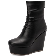 Round Toe Ankle High Back Zipper Wedges Boots - Black