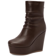 Round Toe Ankle High Back Zipper Wedges Boots - Auburn