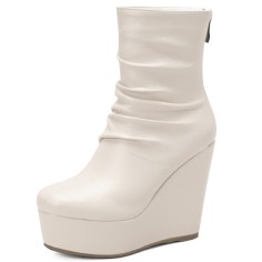 Round Toe Ankle High Back Zipper Wedges Boots - White