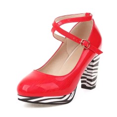 Round Toe Crosssed Straps Chunky Block Heels Zebra Pattern Pumps - Red Patent
