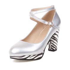 Round Toe Crosssed Straps Chunky Block Heels Zebra Pattern Pumps - Silver Patent