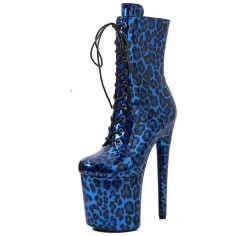 Round Toe Stiletto Heels Glossy Leopard Lace Up Platforms Ankle Highs Boots - Blue