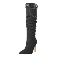 Pointed Toe Knee High Mid Calf Denim Stiletto Heels Buckle Straps Boots - Black