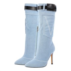 Pointed Toe Knee High Mid Calf Denim Stiletto Heels Boots - Light Blue