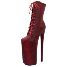Round Toe Stiletto Heels Snake Pattern Lace Up Platforms Ankle Highs Boots - Red