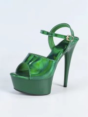 Peep Toe Stiletto Heels Glossy Laser Color Ankle Buckle Straps Platforms Pumps - Green