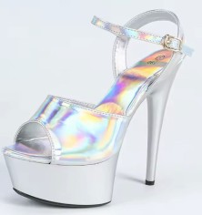 Peep Toe Stiletto Heels Glossy Laser Color Ankle Buckle Straps Platforms Pumps - Silver