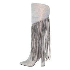 Pointed Toe Chunky Heels Fringe Rhinestones Blings Knee High Western Boots - Silver