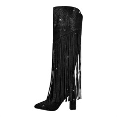 Pointed Toe Chunky Heels Fringe Rhinestones Blings Knee High Western Boots - Black