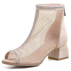 Peep Toe Chunky Heels Fishnet Rhinestones Ankle High Back Zipper Summer Boots - Beige