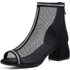 Peep Toe Chunky Heels Fishnet Rhinestones Ankle High Back Zipper Summer Boots - Black