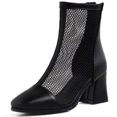 Round Toe Chunky Heels Fishnet Ankle High Back Zipper Summer Boots - Black