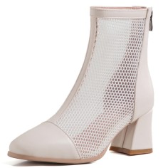 Round Toe Chunky Heels Fishnet Ankle High Back Zipper Summer Boots - White