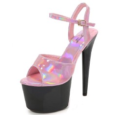 Peep Toe Stiletto Heels Glossy Multicolor Patent Ankle Buckle Straps Platforms Pumps - Black Pink
