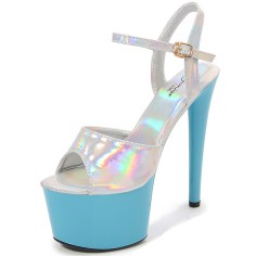 Peep Toe Stiletto Heels Glossy Multicolor Patent Ankle Buckle Straps Platforms Pumps - Lightblue Silver