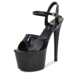 Peep Toe Stiletto Heels Glossy Patent Ankle Buckle Straps Platforms Pumps - Black