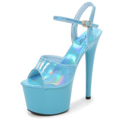 Peep Toe Stiletto Heels Glossy Patent Ankle Buckle Straps Platforms Pumps - Light Blue