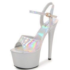 Peep Toe Stiletto Heels Glossy Patent Ankle Buckle Straps Platforms Pumps - Silver