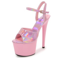 Peep Toe Stiletto Heels Glossy Patent Ankle Buckle Straps Platforms Pumps - Pink