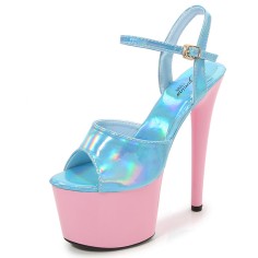 Peep Toe Stiletto Heels Glossy Multicolor Patent Ankle Buckle Straps Platforms Pumps - Pink Lightblue 