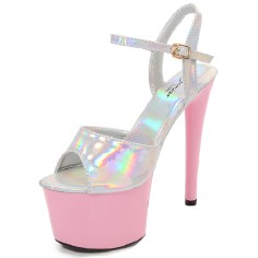 Peep Toe Stiletto Heels Glossy Multicolor Patent Ankle Buckle Straps Platforms Pumps - Pink Silver