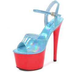 Peep Toe Stiletto Heels Glossy Multicolor Patent Ankle Buckle Straps Platforms Pumps - Red Lightblue
