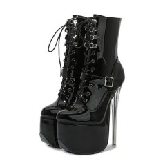 Round Toe Transparent Stiletto Heels Buckle Straps Lace Up Platforms Ankle Highs Boots - Black