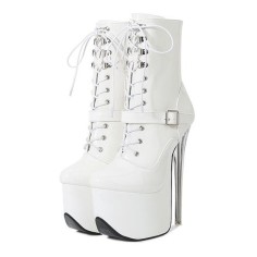 Round Toe Transparent Stiletto Heels Buckle Straps Lace Up Platforms Ankle Highs Boots - White
