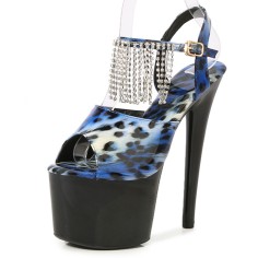 Peep Toe Stiletto Heels Leopard Multicolor Ankle Buckle Straps Platforms Pumps with Rhinestones - Blue Black