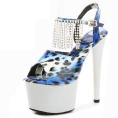 Peep Toe Stiletto Heels Leopard Multicolor Ankle Buckle Straps Platforms Pumps with Rhinestones - Blue Gray