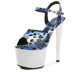 Peep Toe Stiletto Heels Leopard Multicolor Ankle Buckle Straps Platforms Pumps - Blue Gray