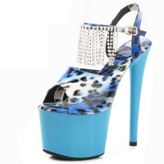 Peep Toe Stiletto Heels Leopard Multicolor Ankle Buckle Straps Platforms Pumps with Rhinestones - Blue LightBlue