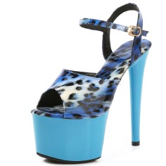 Peep Toe Stiletto Heels Leopard Multicolor Ankle Buckle Straps Platforms Pumps - Blue LightBlue