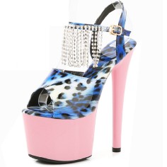 Peep Toe Stiletto Heels Leopard Multicolor Ankle Buckle Straps Platforms Pumps with Rhinestones - Blue Pink