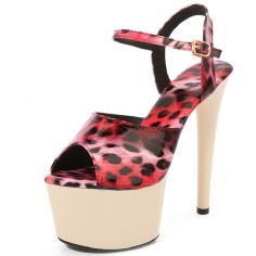 Peep Toe Stiletto Heels Leopard Multicolor Ankle Buckle Straps Platforms Pumps - Red Khaki