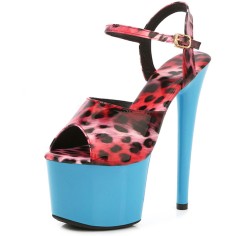 Peep Toe Stiletto Heels Leopard Multicolor Ankle Buckle Straps Platforms Pumps - Red LightBlue