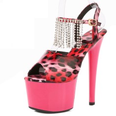 Peep Toe Stiletto Heels Leopard Multicolor Ankle Buckle Straps Platforms Pumps with Rhinestones - Red HotPink