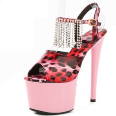 Peep Toe Stiletto Heels Leopard Multicolor Ankle Buckle Straps Platforms Pumps with Rhinestones - Red Pink
