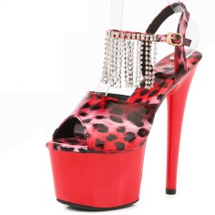 Peep Toe Stiletto Heels Leopard Multicolor Ankle Buckle Straps Platforms Pumps with Rhinestones - Red