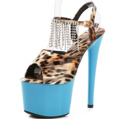 Peep Toe Stiletto Heels Leopard Multicolor Ankle Buckle Straps Platforms Pumps with Rhinestones - Tan LightBlue
