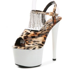 Peep Toe Stiletto Heels Leopard Multicolor Ankle Buckle Straps Platforms Pumps with Rhinestones - Tan Gray