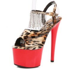 Peep Toe Stiletto Heels Leopard Multicolor Ankle Buckle Straps Platforms Pumps with Rhinestones - Tan Red