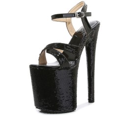 Peep Cross Toe Stiletto Heels Bling Sequined Ankle Buckle Straps Platforms Pumps - Black