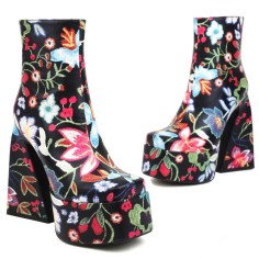 Square Toe Chunky Heels Flower Pattern Ankle High Zipper Platforms Autumn Boots - Black
